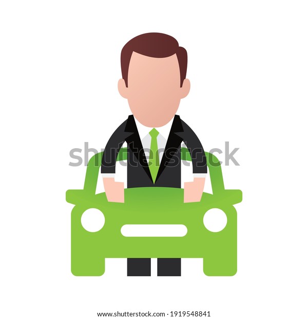 Vector symbol of a man\
holding a green sign in the shape of a car. Isolated on white\
background.