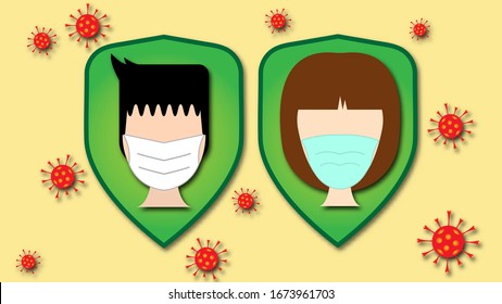 vector of symbol man and woman wear a face mask to protect themselves from virus, covid-19
