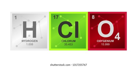 Vector symbol of mineral perchloric acid HClO4 consisting from hydrogen, chlorine and oxygen atoms and molecules on the background from connected molecules. Icon is isolated on a white background.