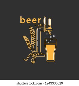 Vector symbol in modern line style with beer tap, hop, wheat and beer glass. Isolated elements on a dark background. Brewery logo, craft beer label, alcohol shop, pub icon. 