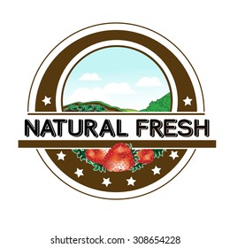 Vector symbol - natural fresh label - nature abstract element with strawberry, bio organic simple design in the circle 