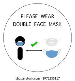 Vector - Symbol people wearing double face mask to protect from Coronavirus (Covid-19) pandemic on circle background. Information how to protection virus. Healthcare, medical concept.