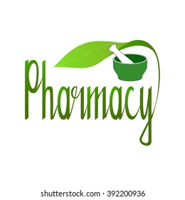 Vector symbol pharmacy. Original handwritten. Lettering. Mortar and pestle. Can be used for flyers, posters and promo. 
