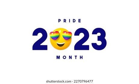 Vector symbol for Pride Month 2023. Vector logo of LGBTQ event 2023 with 3d smile with rainbow hearts instead of eyes isolated on white background. Human rights and tolerance concept.