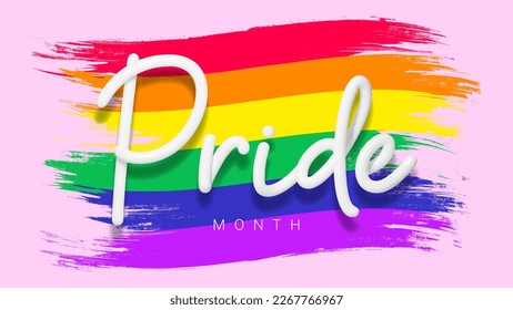Vector symbol for Pride month. LGBT vector illustration. Symbol of pride month isolated on pink background. 3d lettering with rainbow.
