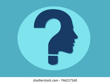 vector symbol of question mark in a shape of human face on blue background.
