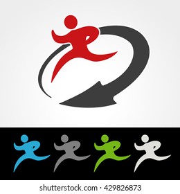 Vector symbol rate of delivery package or speed icon of download and upload, silhouette  of running man, runner with arrow
