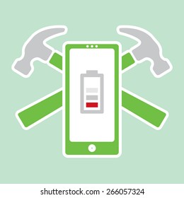 A vector symbol representing mobile phone repairs and service. Two hammers are crossed behind a mobile phone symbol with a low battery icon on it's screen.