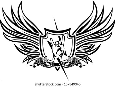 Vector symbol of rock 'n' roll, hand, lightning and coat of arms with wings