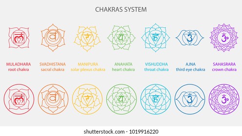 Vector symbol set of chakras. Character illustration of Hinduism and Buddhism. For design, associated with yoga and India.