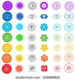 Vector symbol set of chakras. Solid character illustration of Hinduism and Buddhism. Color yoga chakra icons isolated on white. For design, associated with yoga and India.