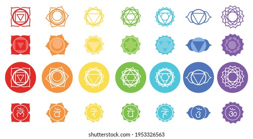 Vector symbol set of chakras. Solid character illustration of Hinduism and Buddhism. Color yoga chakra icons isolated on white. For design, associated with yoga and India.