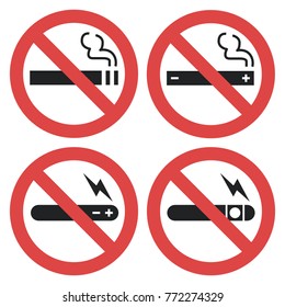 Vector Symbol Set - Vaping Forbidden, Smoking Electronic Cigarette Not Allowed. Red Prohibition Sign - Red Cross Circle - With Different Types Of E-cigarettes. 