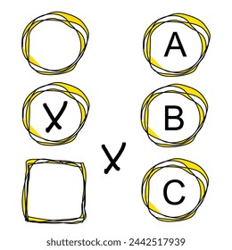 Hoja de símbolos vectoriales: Cajas redondas (balas) bordeadas en amarillo y negro, cada una con las letras A, B o C. También en el mismo estilo, 2 casillas de verificación y un cuadro de información grande.