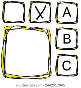 Vector symbol sheet: Square boxes (bullets) with yellow and black borders, each with the letters A, B or C. Also in the same style, 2 checkboxes and a large information box.