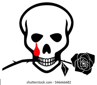 Vector symbol of a skull biting a stalk of rose and crying tears of blood.

