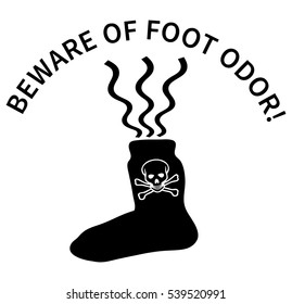 Vector symbol of a smelly sock with a skull and the warning: Beware of foot odor.
