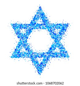 Vector symbol of star of David.  Icon with blue confetti on white background