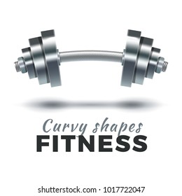 Vector symbol of strength and motivation. Logo template for fitness, bodybuilding, sport or healthy lifestyle company. Realistic illustration of shiny metal dumbbell isolated on white background.