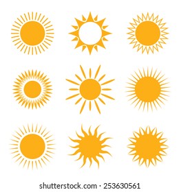 Vector symbol of sun. Set of outline solar icons. Button for web and logo elements.