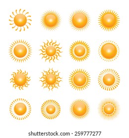 Vector symbol of sun. Set of outline solar icons. Button for web and logo elements.