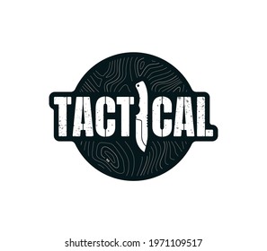 Vector symbol Tactical text with military knife. Isolated on light background.