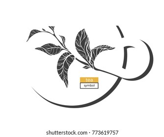 Vector symbol of tea ceremony Realistic silhouette branch in frame of cup Nature illustration decorated of shape of leaves on white background. Art logo Simple label for medicine and health Copy space
