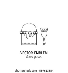 Vector  symbol in trendy line style isolated on white background. Bucket of paint and  brush. Icon in linear style.