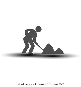 Vector symbol of under construction. Silhouette of man - worker. Icon of laborer throws shovel. 