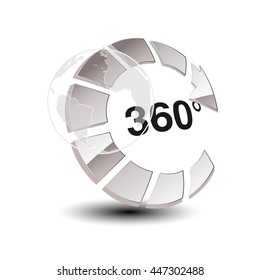 Vector symbol for virtual tour, glossy silver arrow with globe - button with the inscription 360 and with symbol of wolrd.