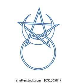 Vector symbol for wiccan and occult esoteric community: Horned God symbol with pentacle. Could be also used as wizard amulet with pentacle or pentagram and moon cycles. Horned God avatar or symbol.