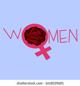 Vector symbol of women, girl power. Pink element on a blue background and rose. Use for March 8, Women's Day, Mother's Day, Women's Rights. For advertising, banners, postcards, etc.