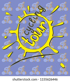 Vector symbol yellow sun spot blob grunge circle on blue background with cyclists on bicycles and the words "tour" and "cycling"
