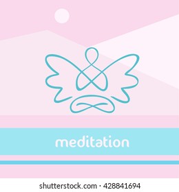Vector symbol of yoga, meditation, spirituality. Angel. Meditation on the background of the nature, the mountains