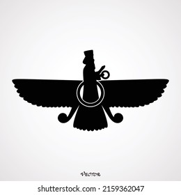 Vector Symbol Of Zoroastrianism Religion, Monochrome Icon With Ancient Sumerian Symbol Faravahar For Your Project