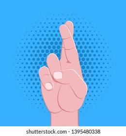 vector symbolic crossed fingers gesture male hand lucky untruth concept sign vintage illustration retro poster design isolated on blue dotted background
