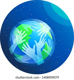 The vector is a symbolic image of the earth and the hands that hug to save and save. Design for presentation, banner, booklet, presentation, cover or postcard