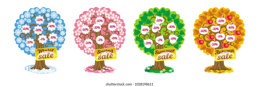 Vector symbolic image of seasonal discounts in the form of four trees: summer, winter, spring, autumn