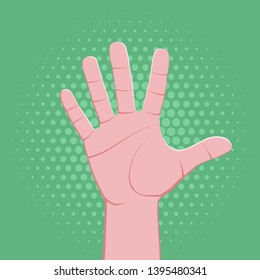vector symbolic male palm hand high five gesture concept sign vintage illustration retro poster design isolated on green dotted background
