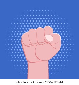 vector symbolic raised clenched power fist gesture male hand protest concept sign illustration light icon poster design isolated on blue background
