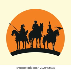 Silueta vectorial simbólica de tres guerreros a caballo que simbolizan tres épocas en la historia del ejército ruso 