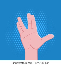vector symbolic spread fingers male palm hand welcome hello spok gesture concept sign vintage illustration retro poster design isolated on blue dotted background
