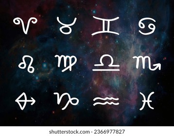 
Símbolos vectoriales de los 12 signos zodiacos dibujados con líneas blancas en un espacio y fondo astronómico.
signos de astrología