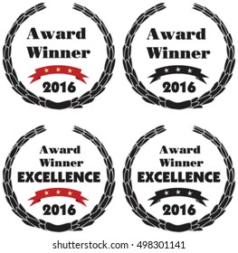 Vector symbols for award winner business and excellence 2016. Vector promo sign or label of award winner, excellence of the year. Label to promote award or achievement.