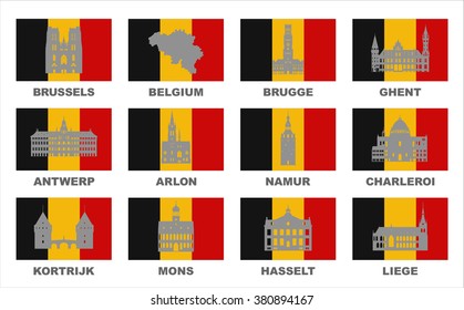 Vector symbols of Belgium. Famous places in Belgium.