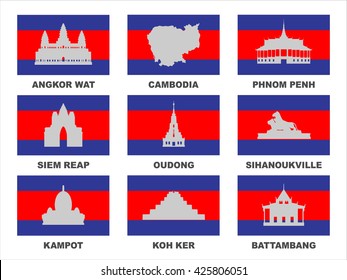 Vector symbols of Cambodia. Famous places in Cambodia.