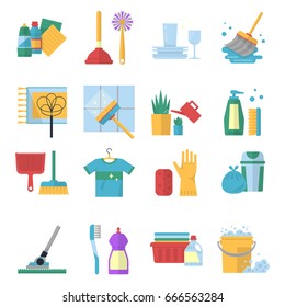 Vector symbols of cleaning services in cartoon style. Brush, dust and bucket