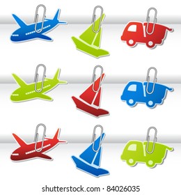 Vector symbols for delivery with paperclip - car, airplane, ship