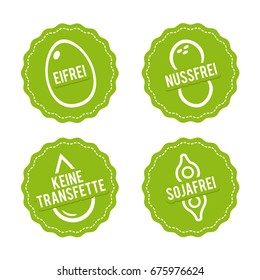 Vector Symbols Eifrei, Nussfrei, Sojafrei, keine Transfette. Egg Free, Nut Free, Trans Fats Free and Soy Free