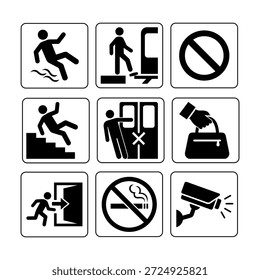 Símbolos de Vector para peligro de caídas, puertas del metro, evacuación, zonas de no fumadores y CCTV. Limpie los iconos de precaución para uso de señalización.